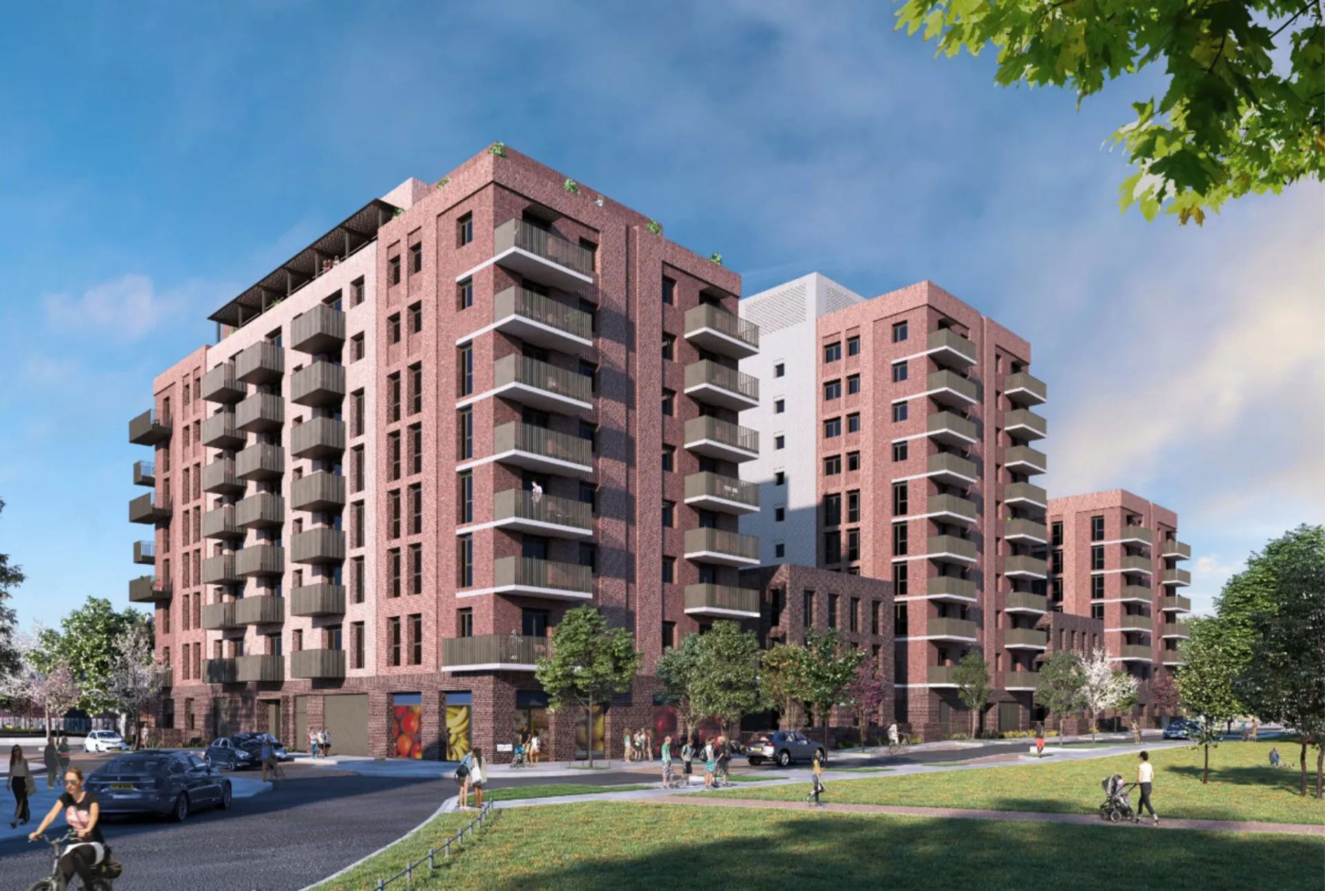 Architect's render of phase 1 of the project, showing 3 tower blocks and two smaller buildings, that make up the first phase of the development.