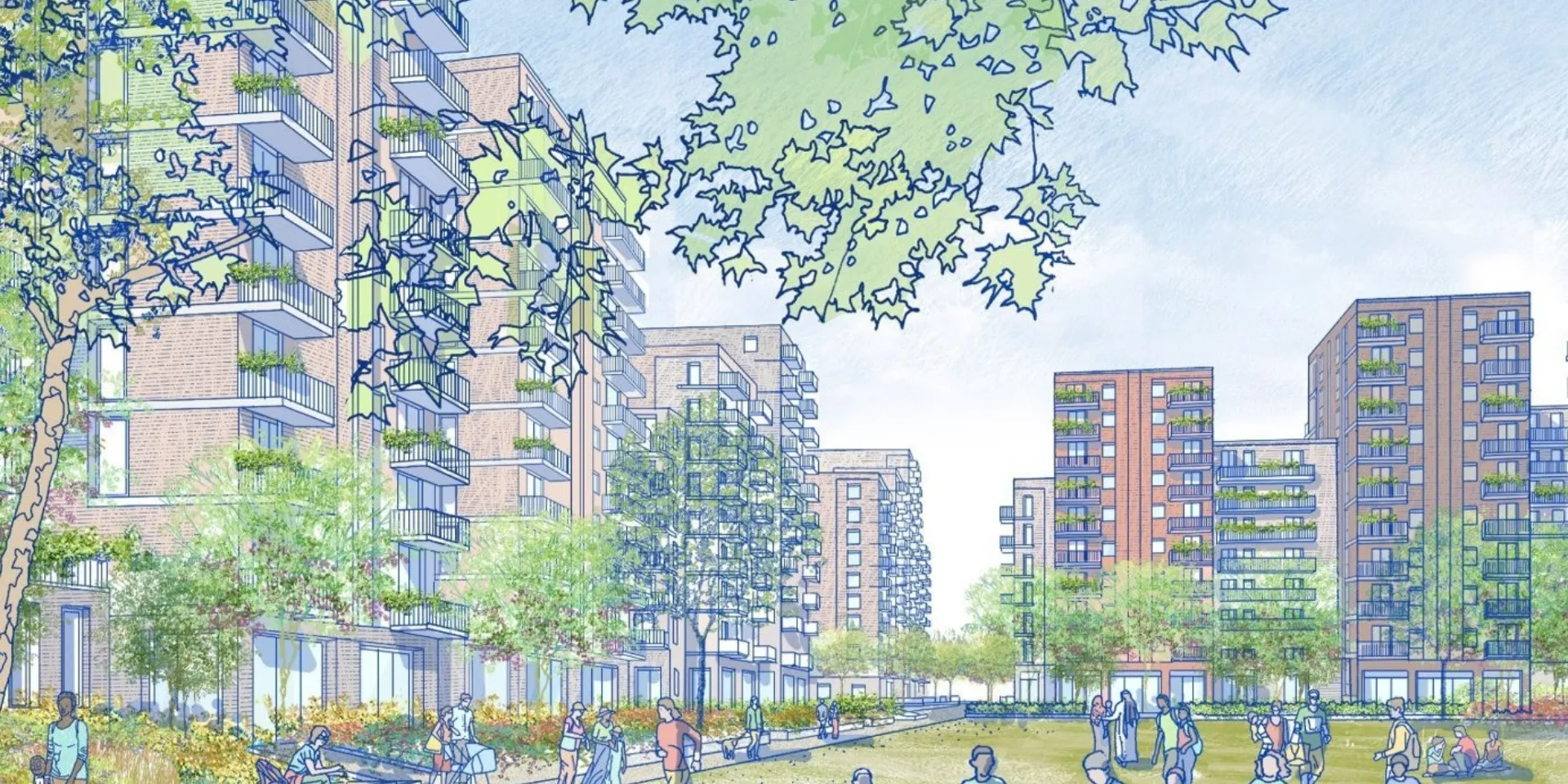 A colour drawing of the imagined development, including trees, and families playing on grass, with several residential tower blocks in the distance.