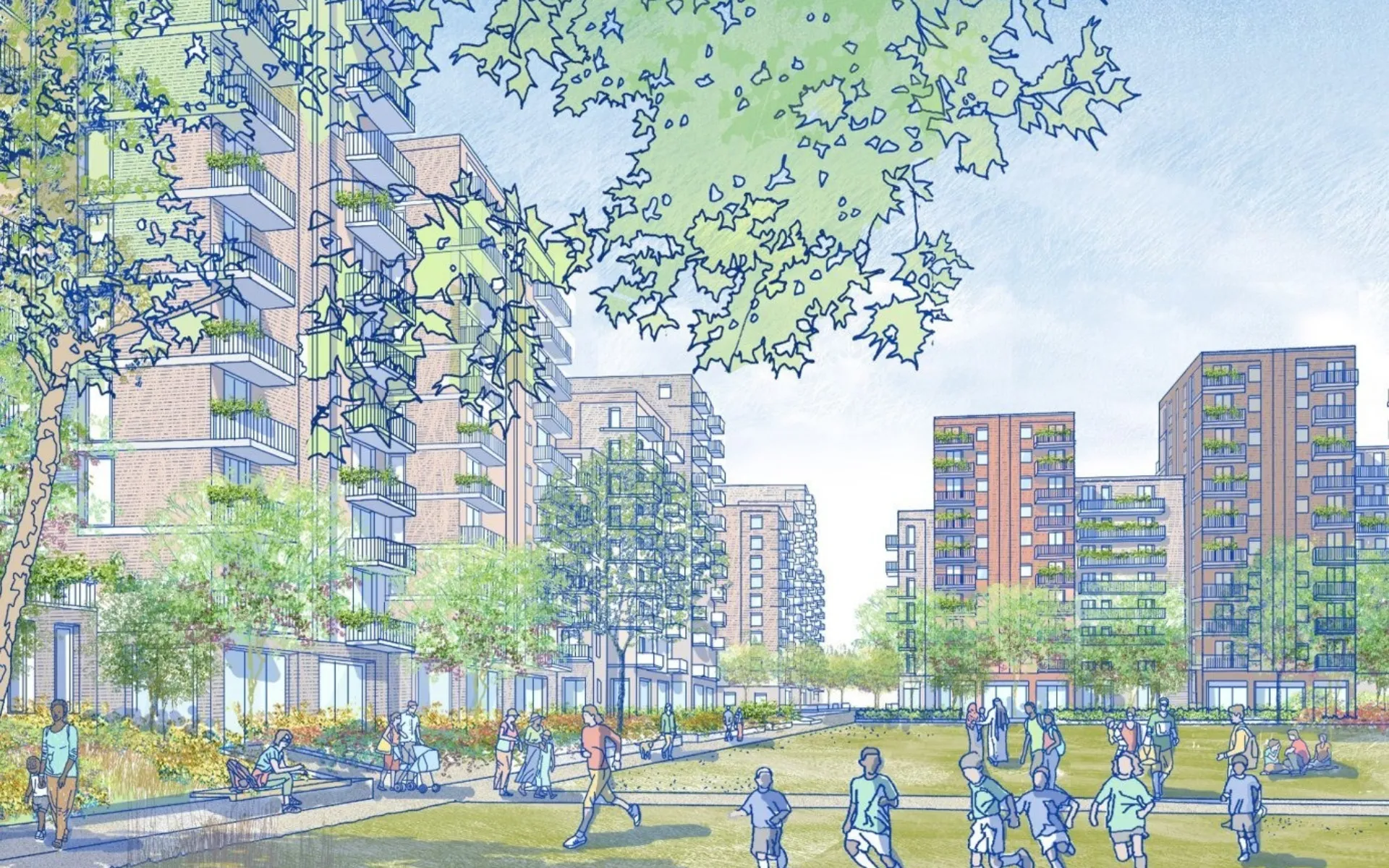 A colour drawing of the imagined development, including trees, and families playing on grass, with several residential tower blocks in the distance.