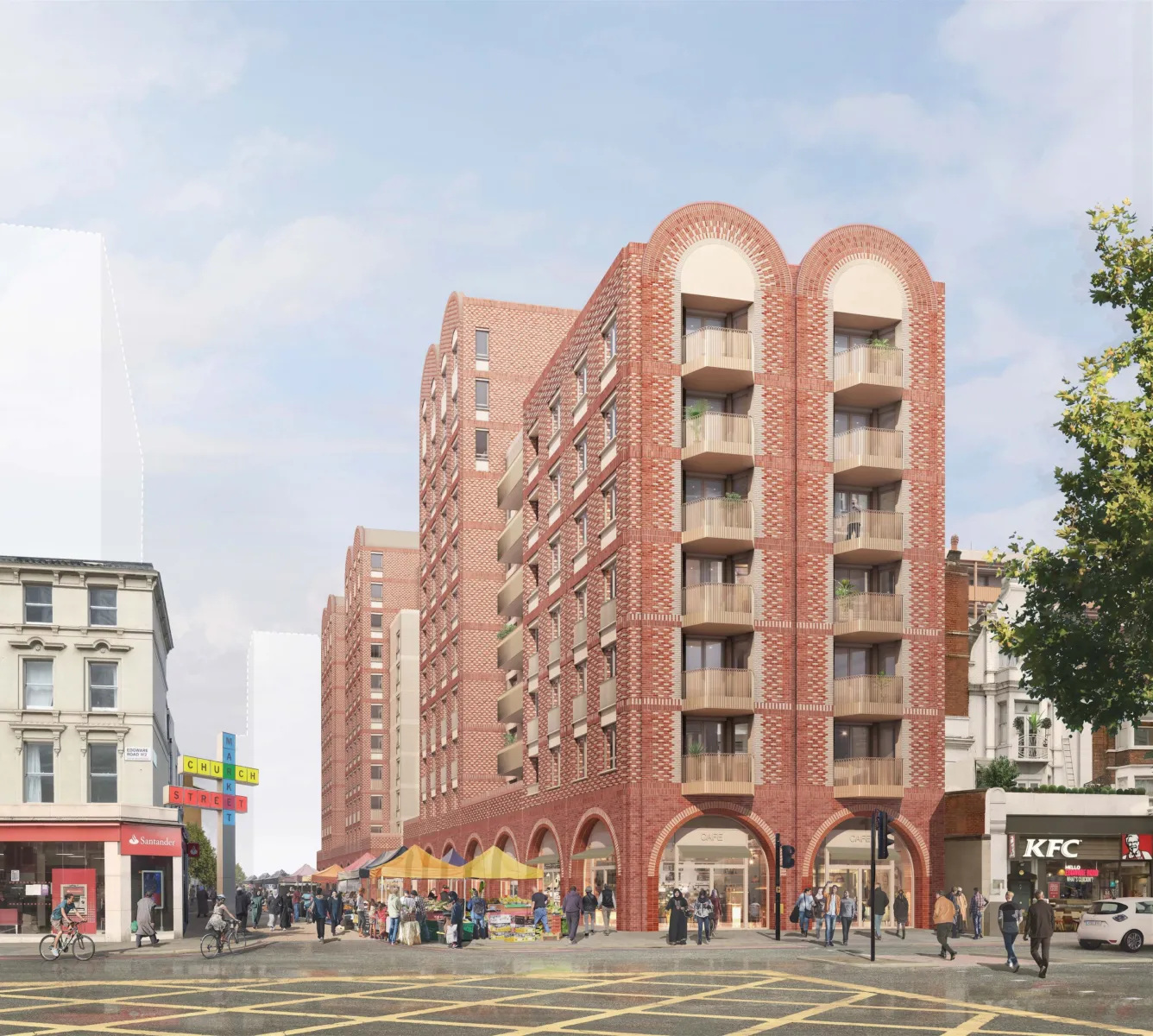 An architect's render of the exterior of a block of new flats