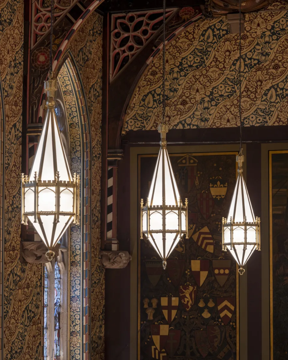 Pendant lights hanging in a Gothic hall