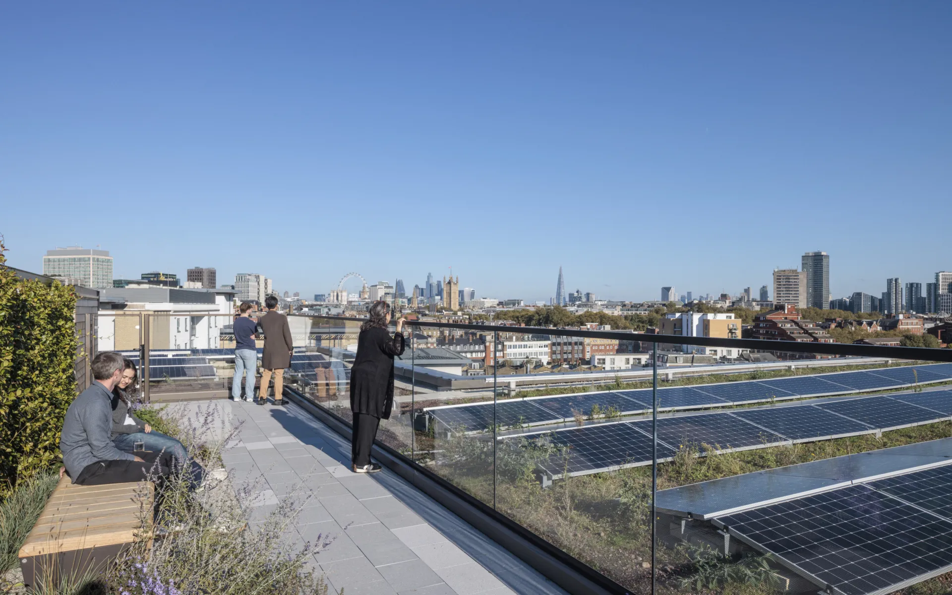 People sitting on the roof top of the new building, overlooking rows of PV panels