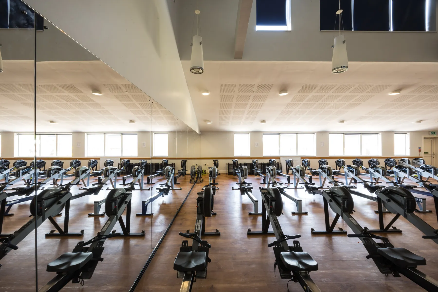 Gym studio with rows of rowing machines and mirrored wall.