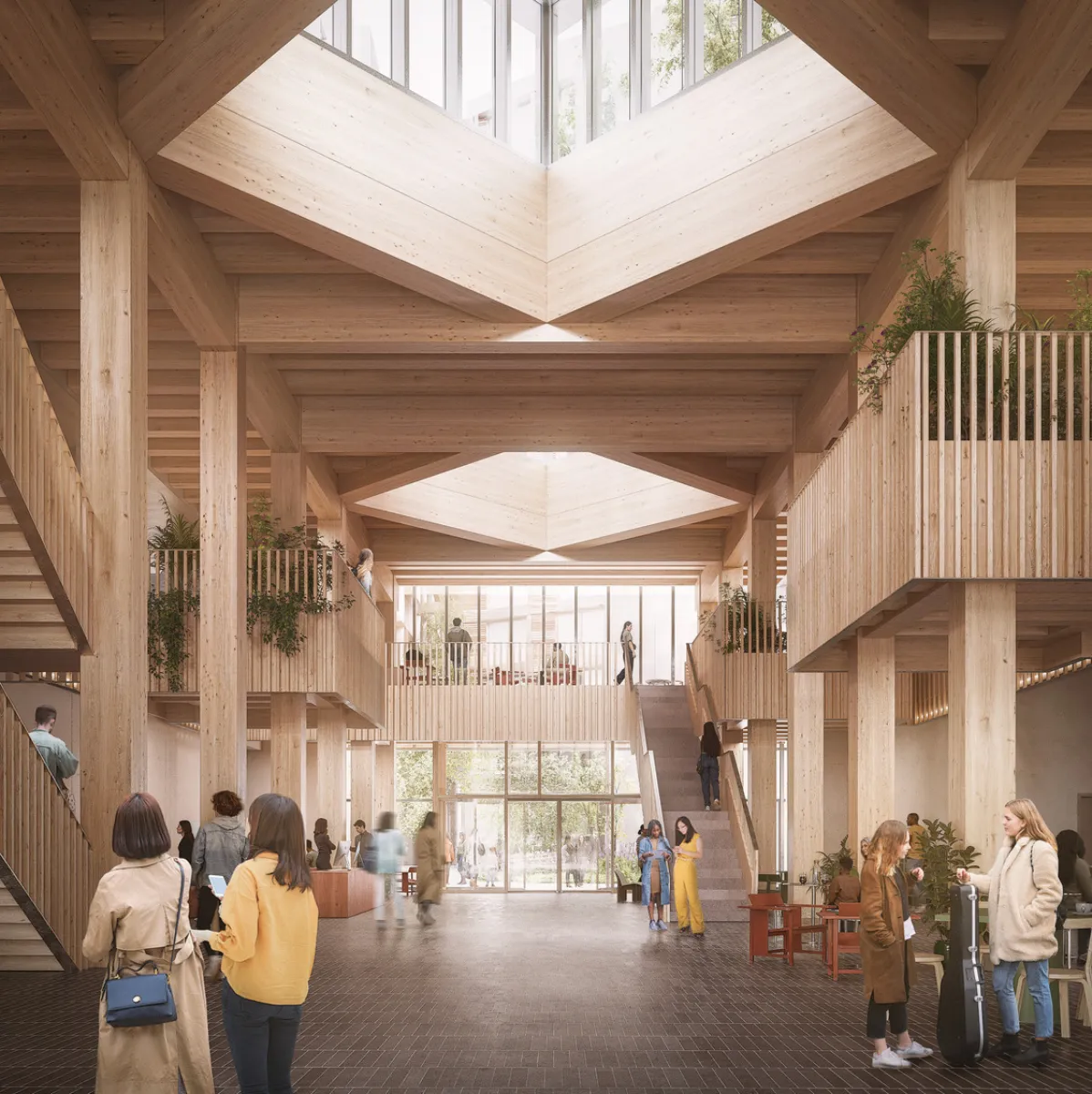 Images shows a large atrium which uses a lot of wood. Light is coming through from a skylight.