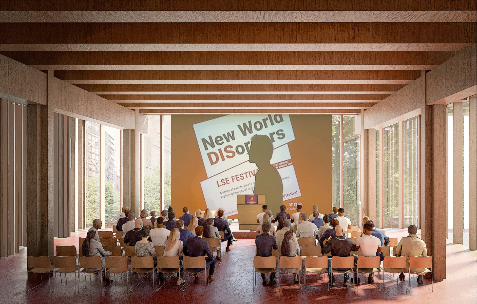 Audience seated in rows attending a talk in a timber‑lined hall, facing a stage with a podium and projected slide reading “New World Disorders” at the LSE Festival, with daylight through tall windows on both sides.