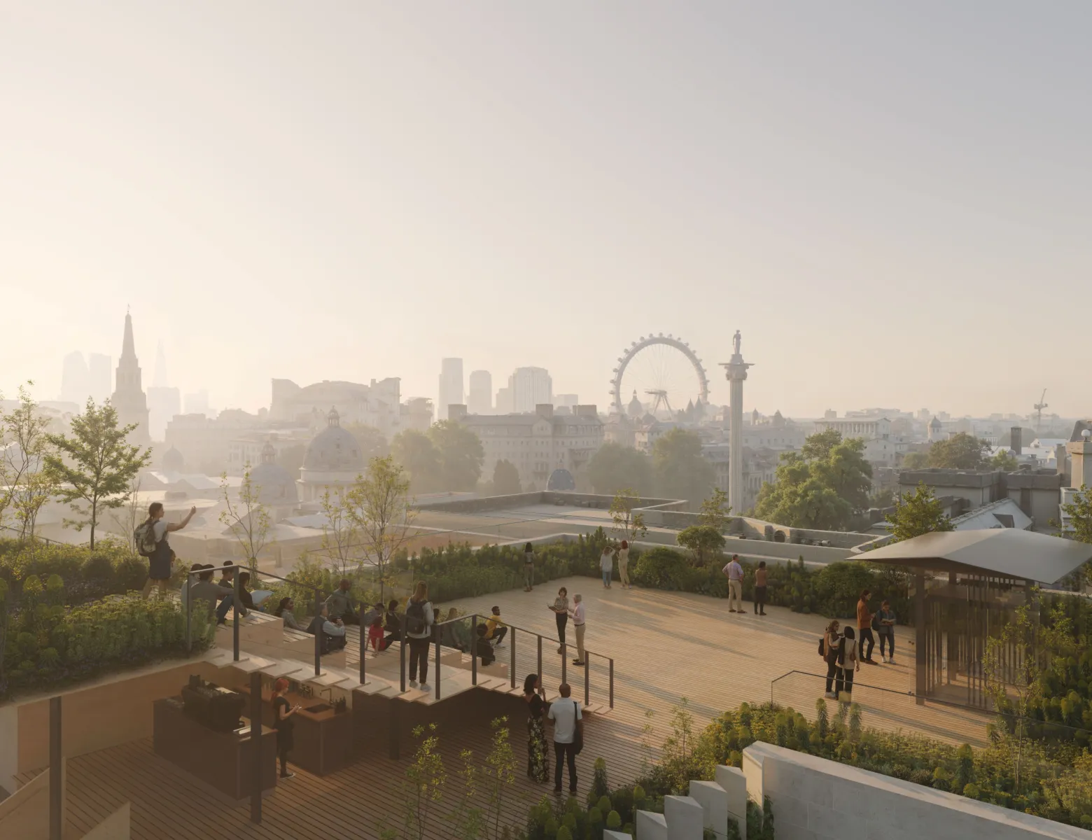 Rooftop terrace with planting and views across central London skyline