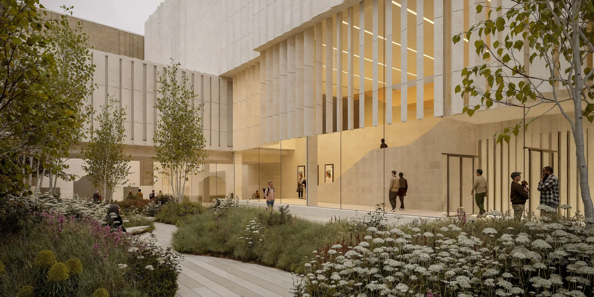 New gallery entrance with landscaped courtyard and colonnaded façade