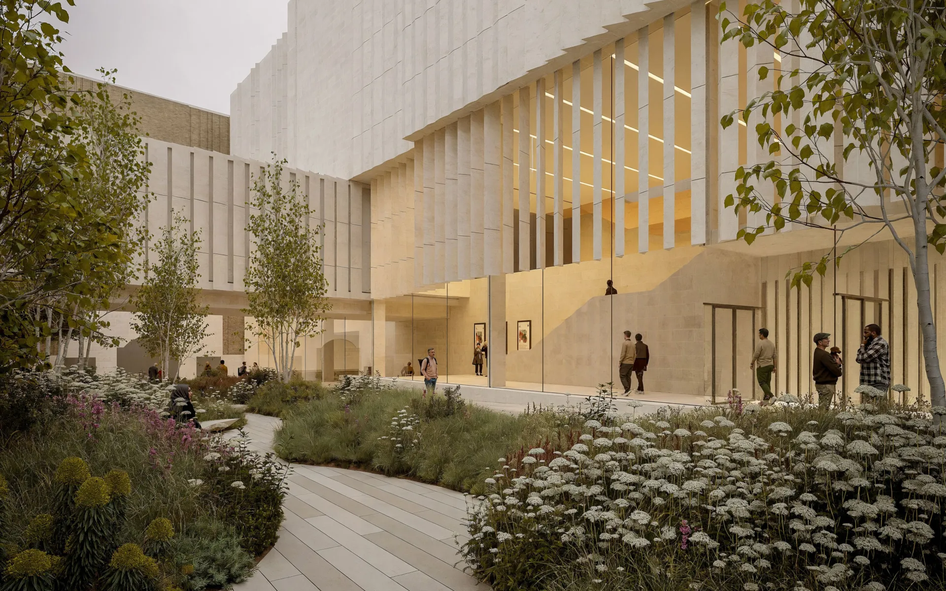 New gallery entrance with landscaped courtyard and colonnaded façade