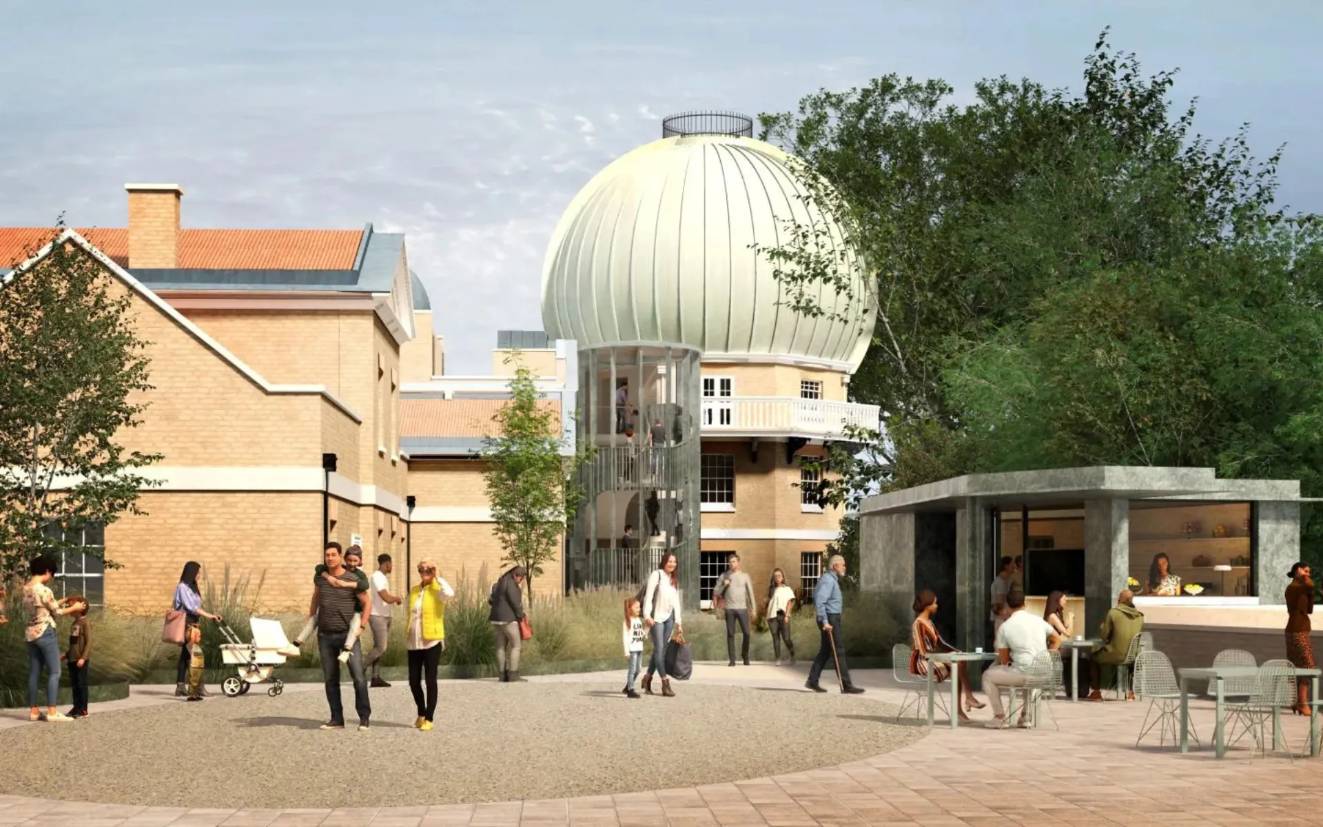 Image shows a older building with a round dome and a new entrance