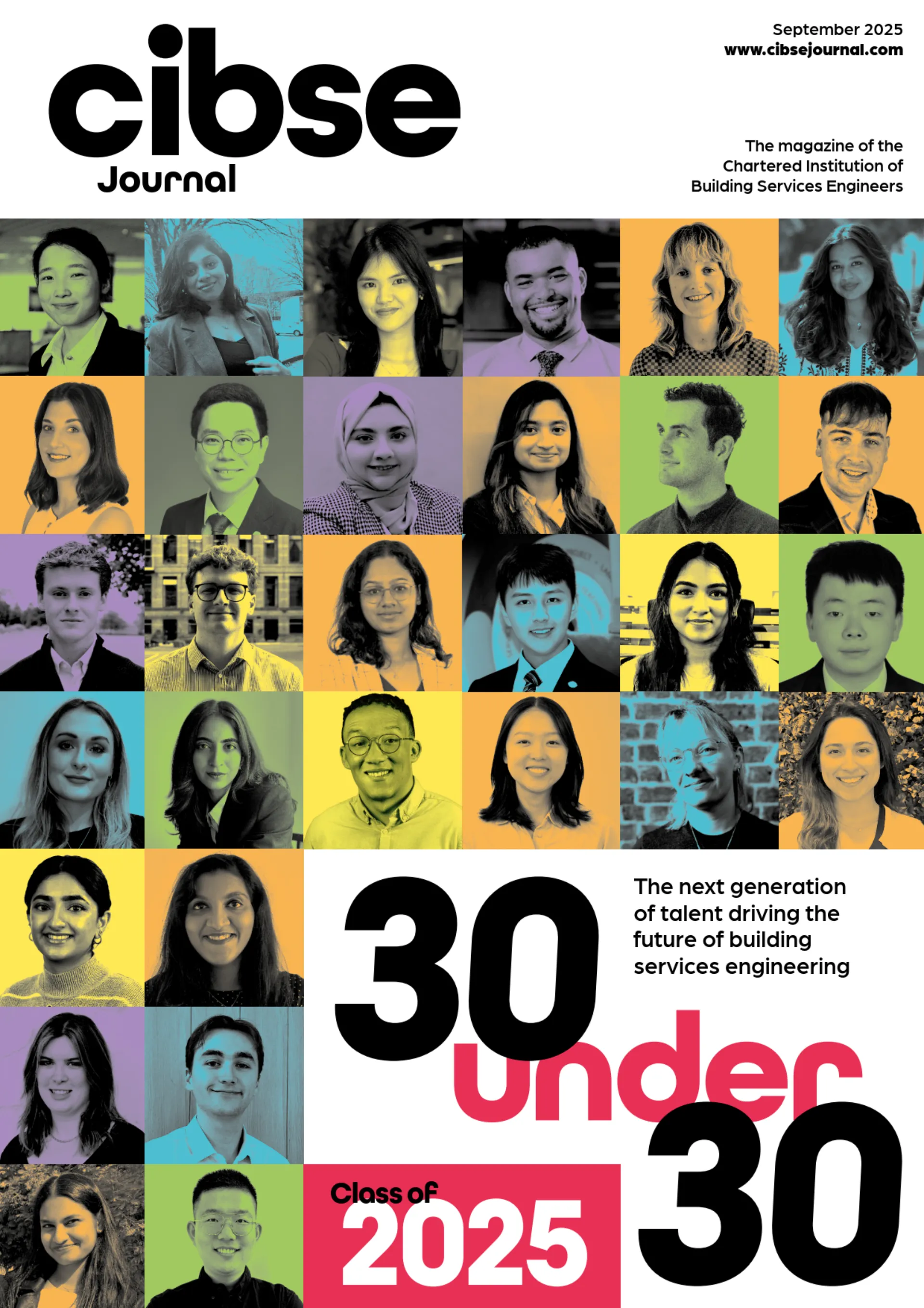 Cover page to CIBSE Journal, September 2025 edition, showing faces of some of the winners of the 30 Under 30 awards.