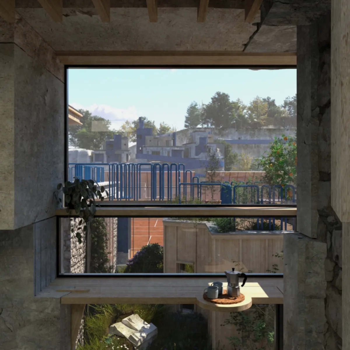 3D rendered image showing imagined, existing socio-environmental conditions, the project seeks to improve and diversify the provision of social services, transforming the existing polis into a place to live, not just reside.
