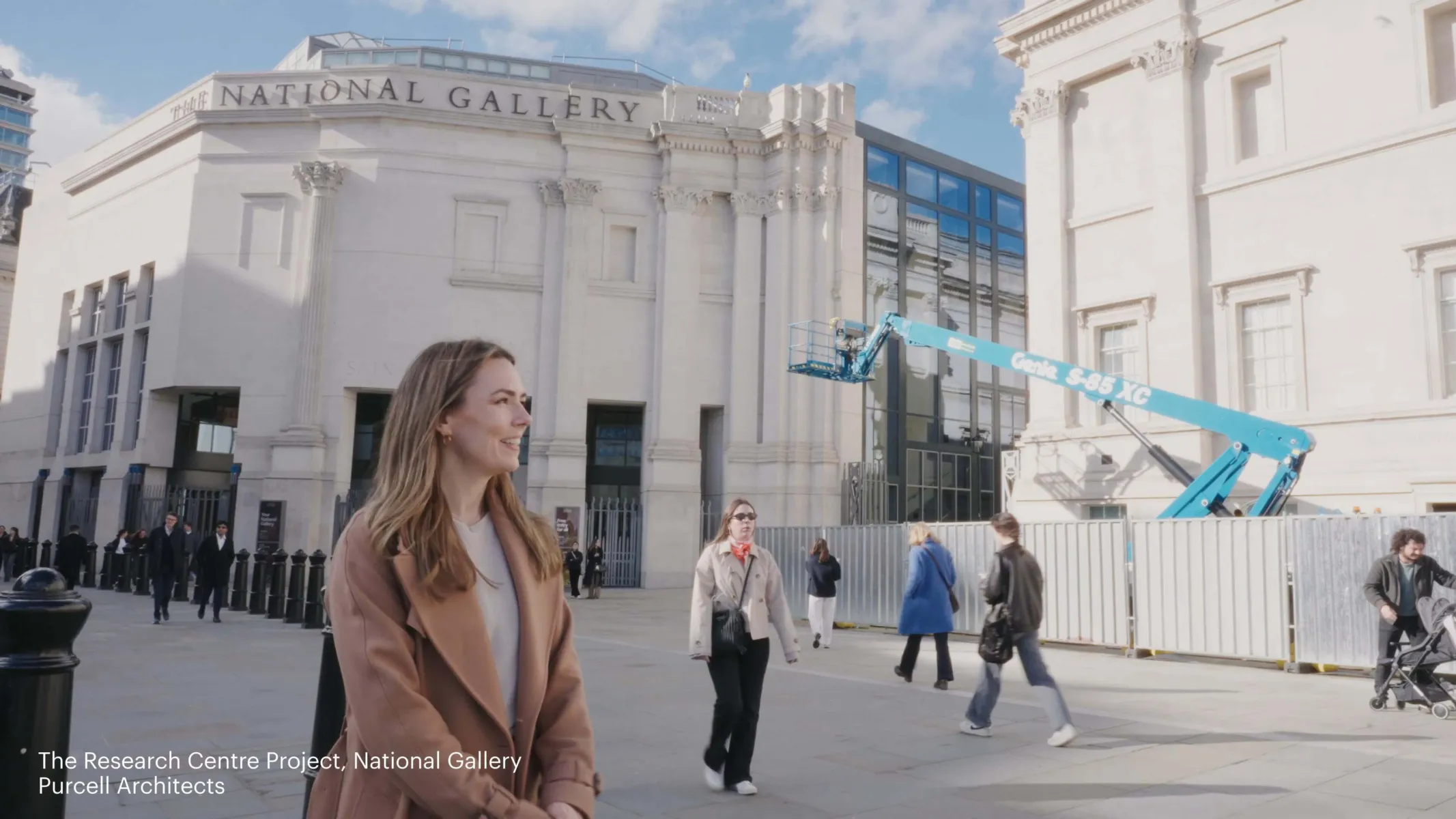 Imogen outside National Gallery, with crane in the background