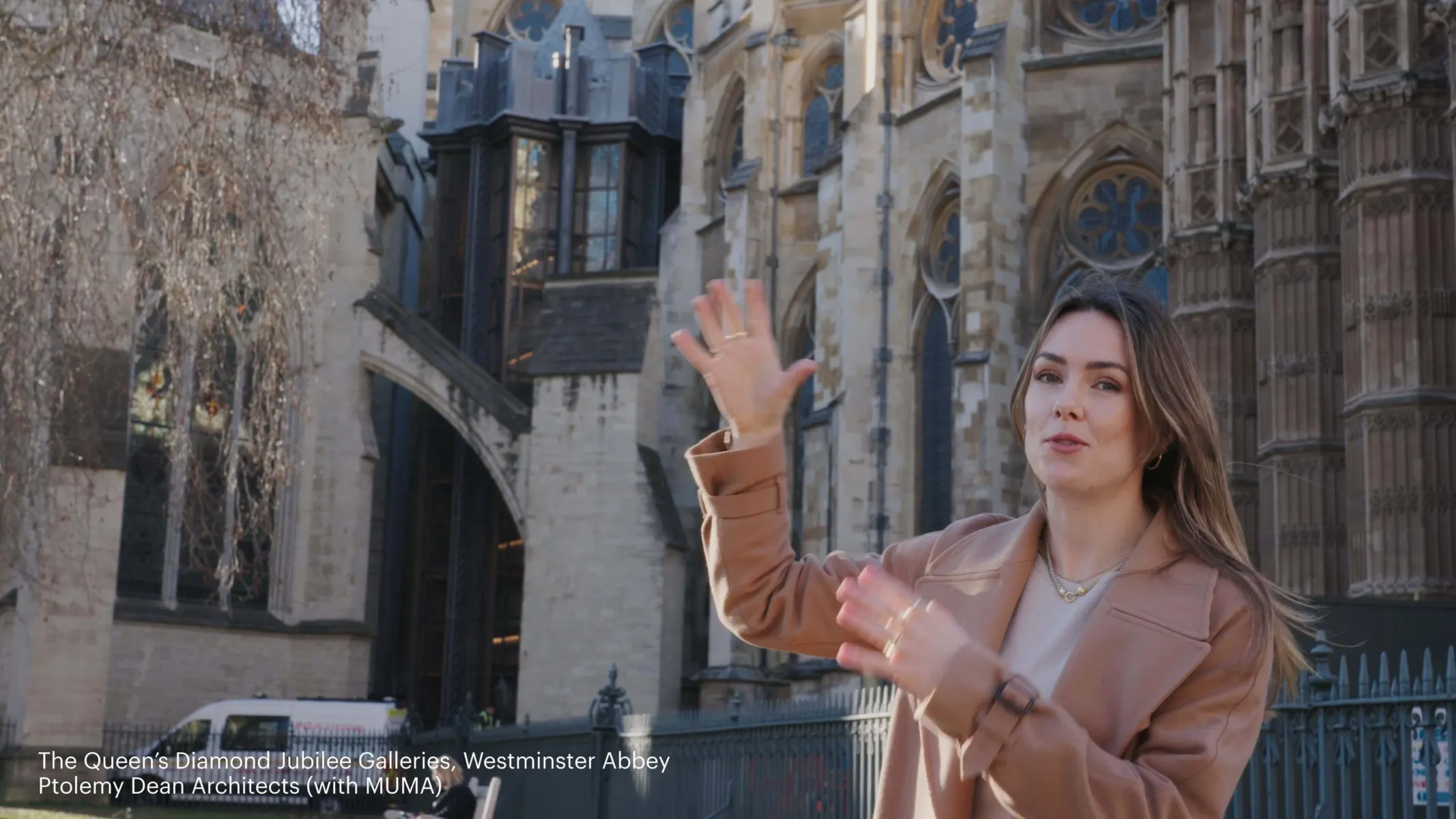 Imogen outside the Weston Tower at Westminster Abbey