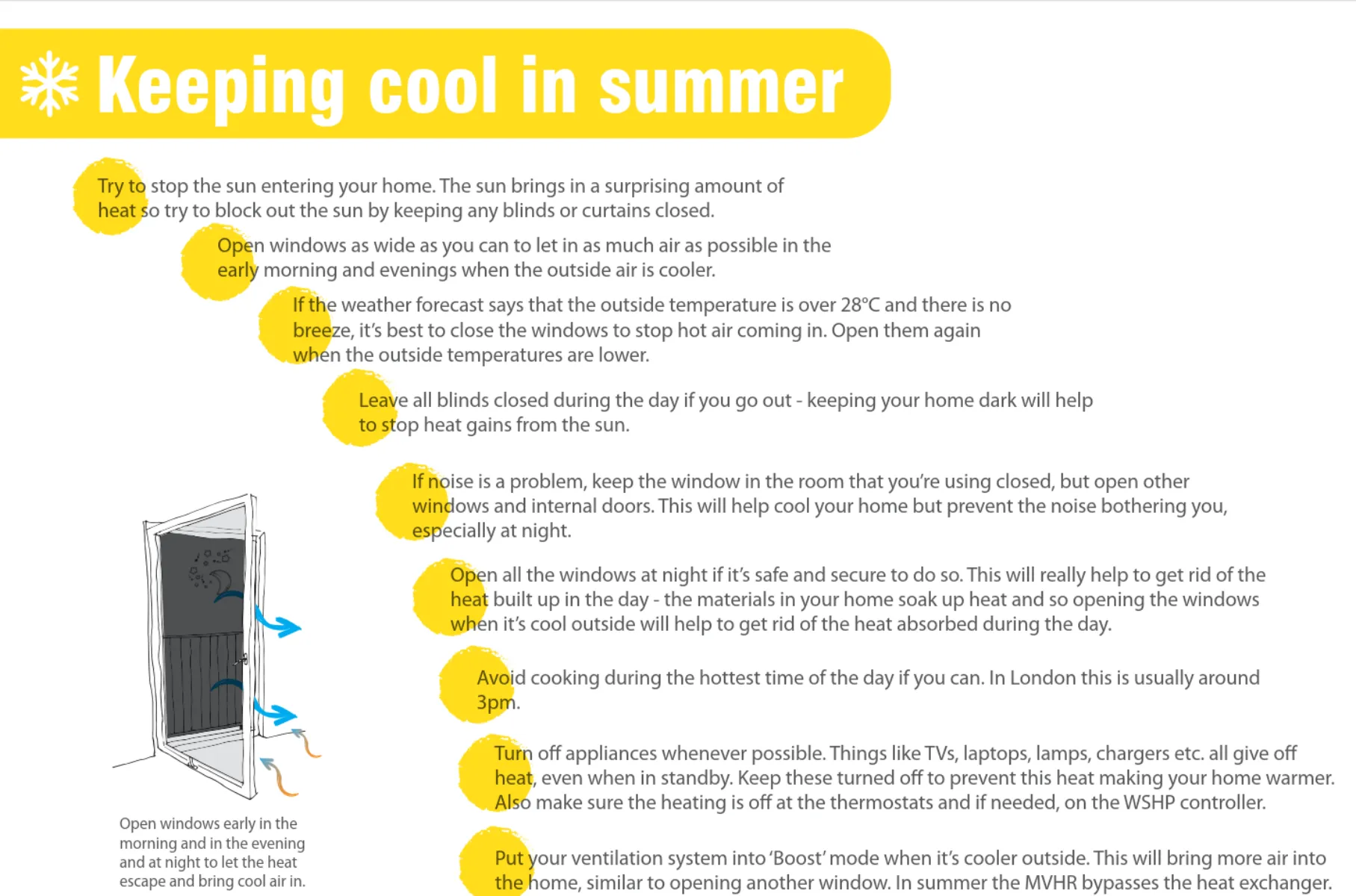 Guide to keeping a home cool in summer, with tips on shading windows, using natural ventilation and avoiding heat build‑up, alongside a drawing of an open window.