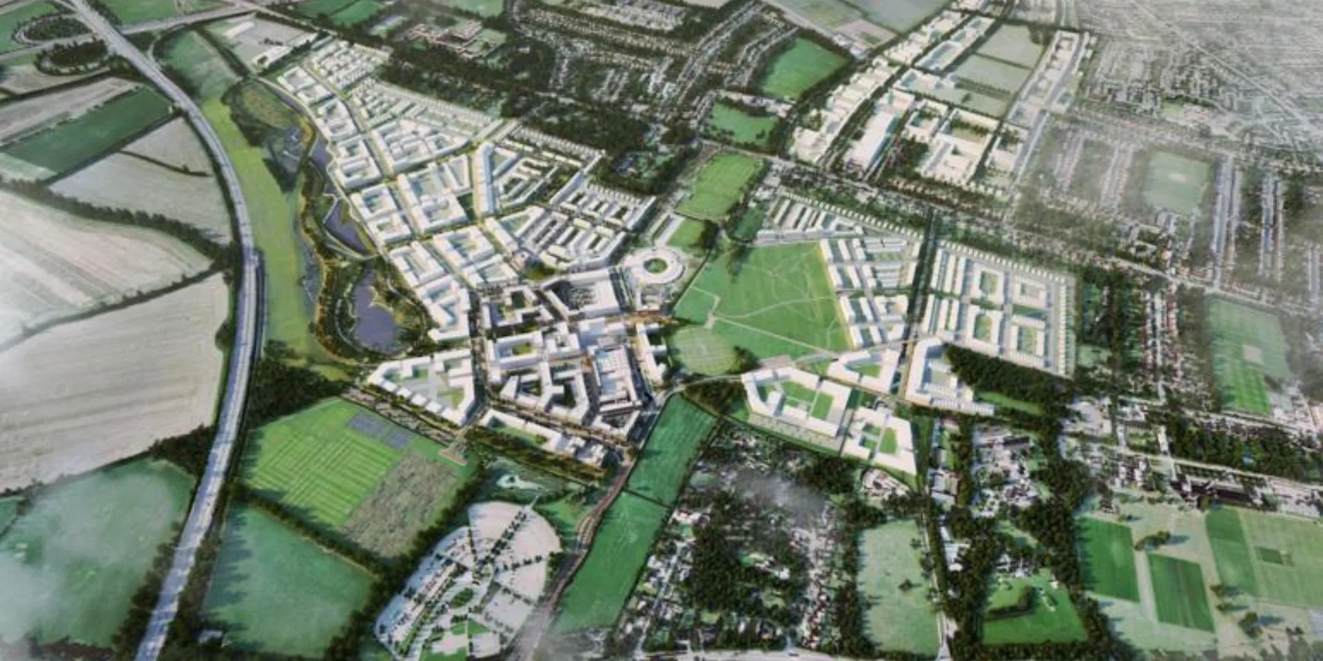 image is computer generated showing a birdseye view of a group of new houses