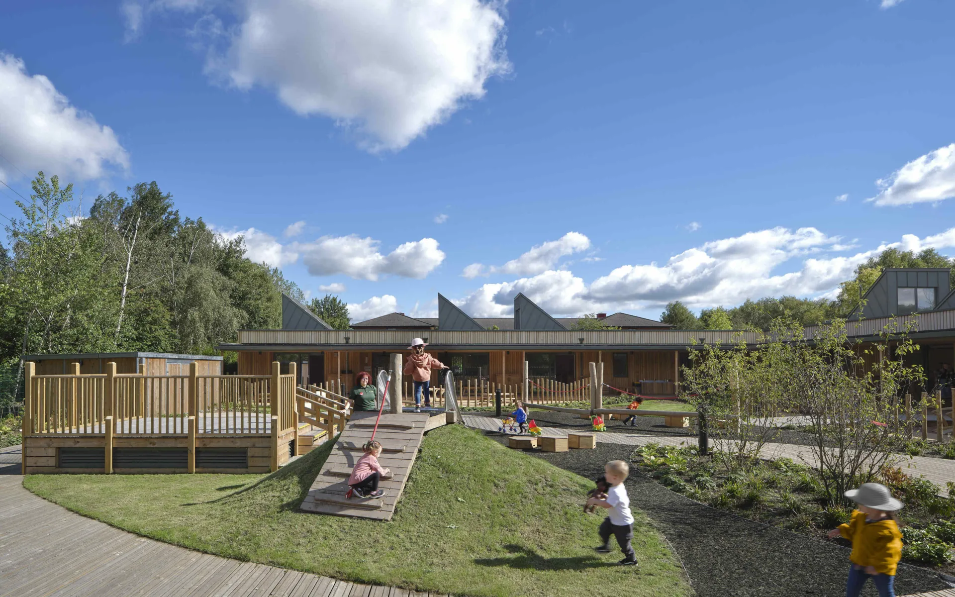 Children playing in a wooden playground with grass areas in the exterior of the single storey Woodlands Day Nursery on a sunny day