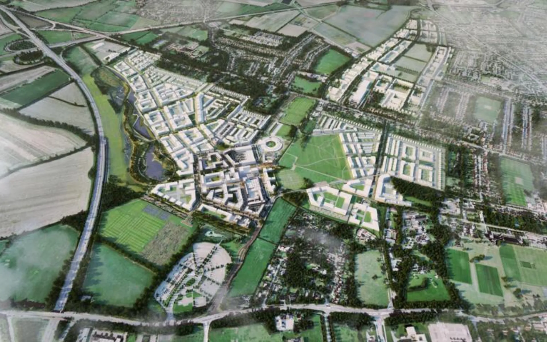 image is computer generated showing a birdseye view of a group of new houses