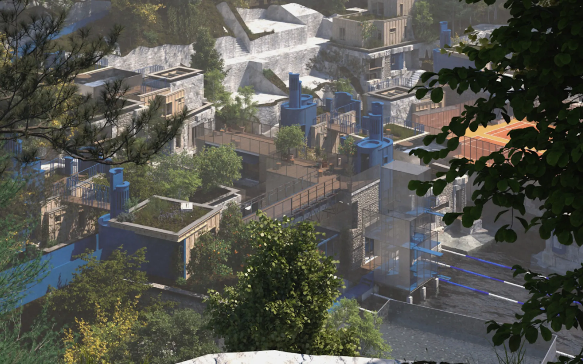 3D rendered image showing an imagined continual state of topographical transformation, glimpses of the future Lithopolis become visible through gaps in the trees. Perched on the edge of an artificial cliff, a new typology for urban living can be observed from above.