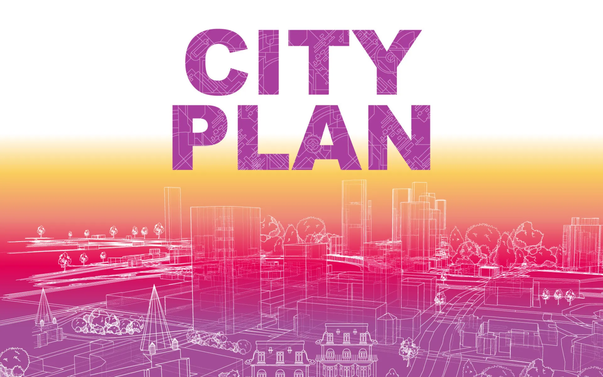 Sunset cityscape with City Plan text overlaid
