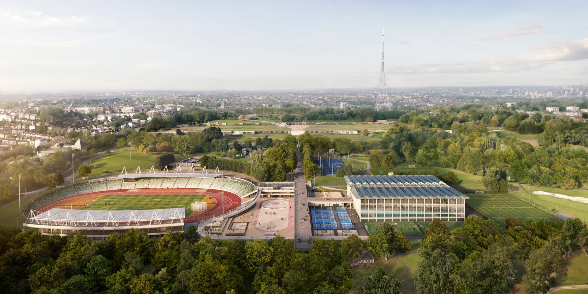 Digital aerial view of the proposed refurbishment of Crystal Palace National Sports Centre