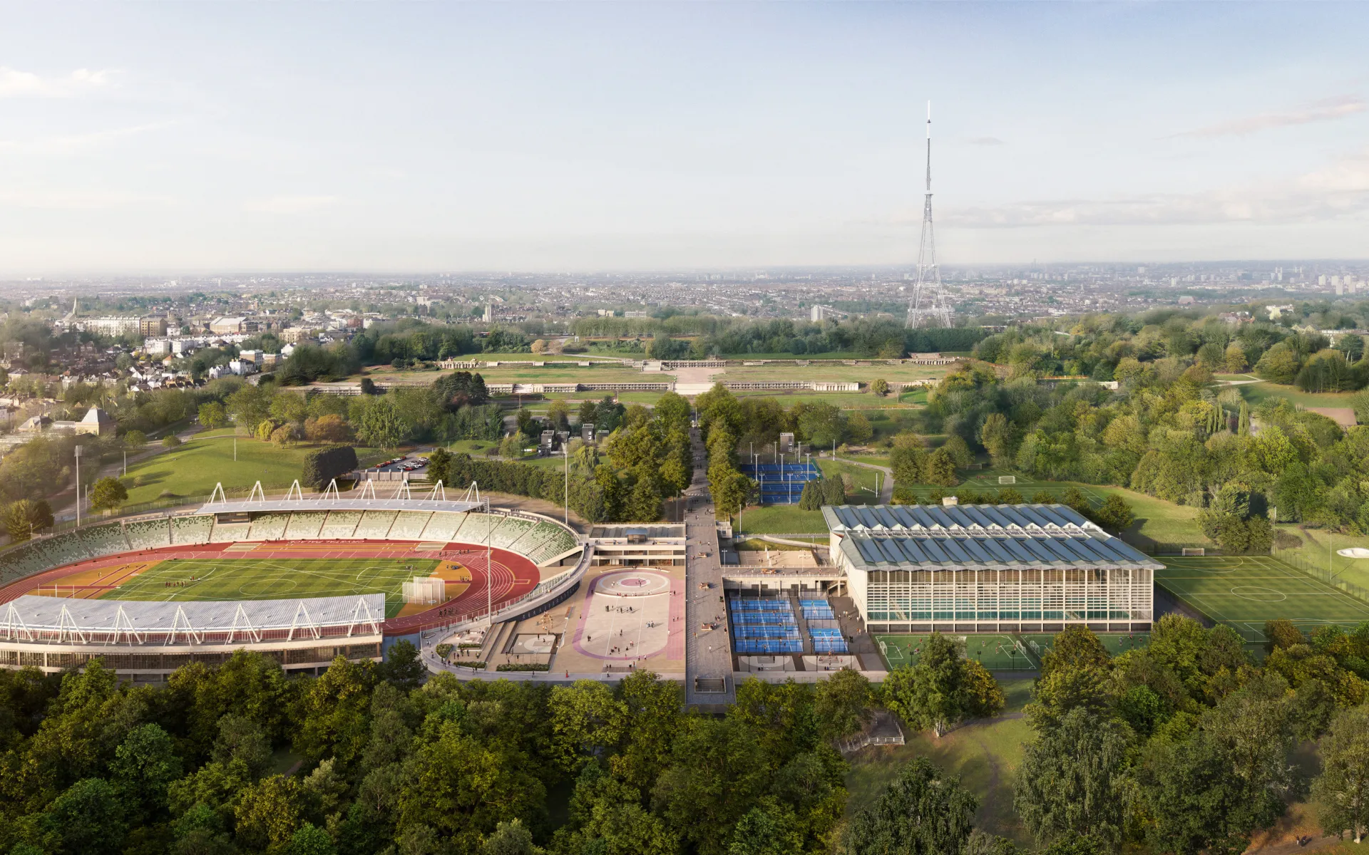 Digital aerial view of the proposed refurbishment of Crystal Palace National Sports Centre